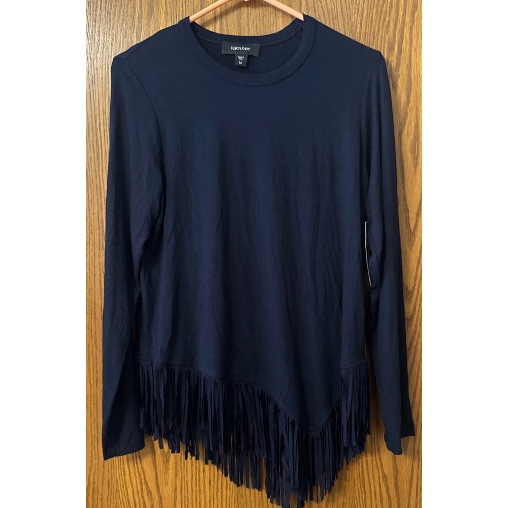 Karen Kane Asym Fringe Top Womens M Navy Blue Long Sleeve Made USA NWT $88